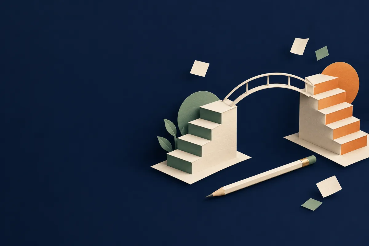 Paper score scales connected by a bridge on a navy background