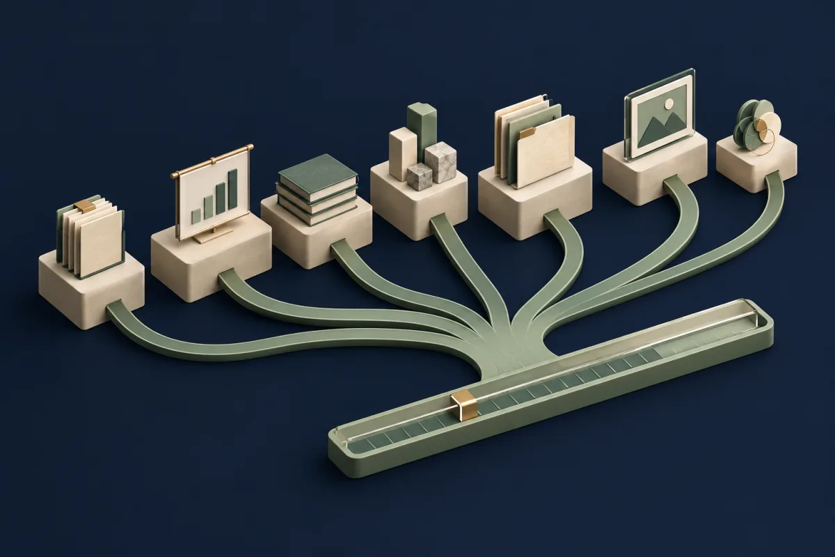 Ivory research and presentation podiums connected by sage channels to one measuring rail