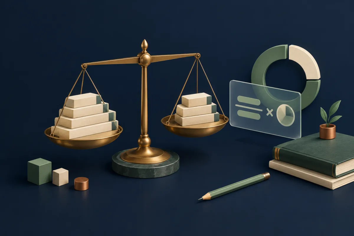 A brass balance weighing ivory semester blocks beside a sage progress arc