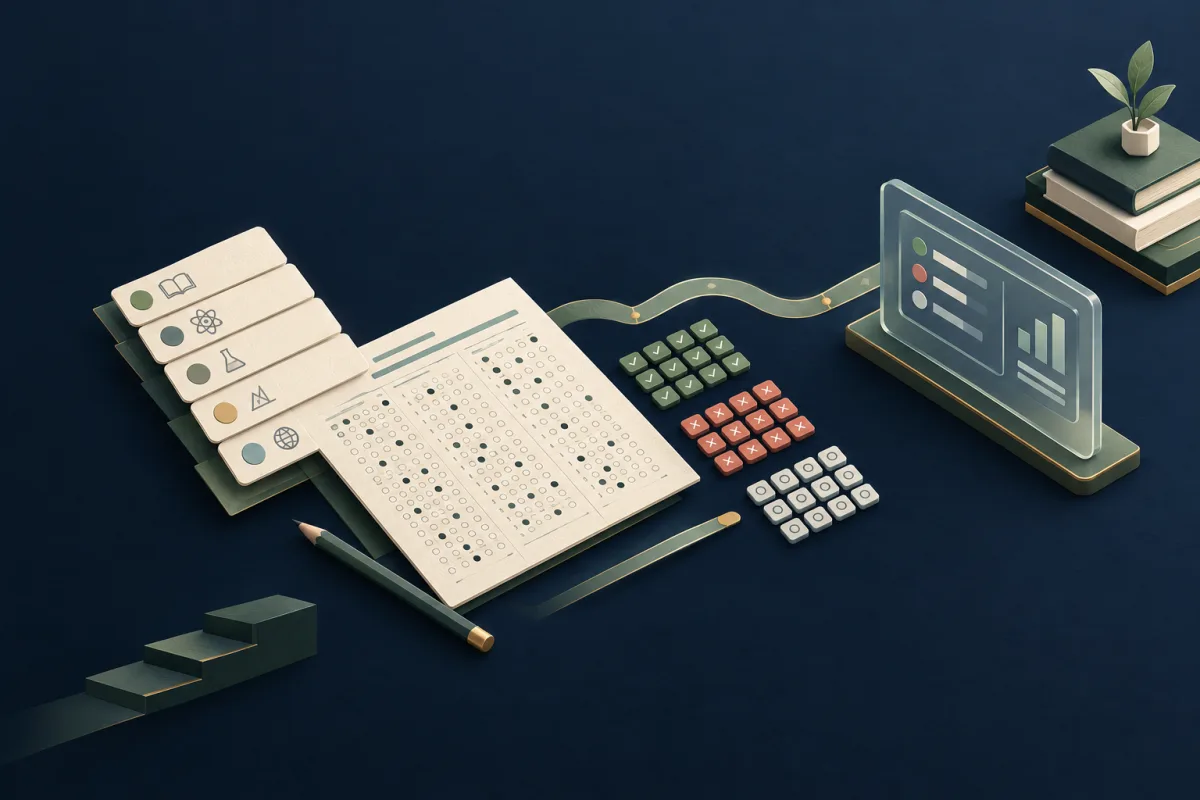 Answer-sheet cards, a pencil and coloured response tiles linked to an ivory score ledger