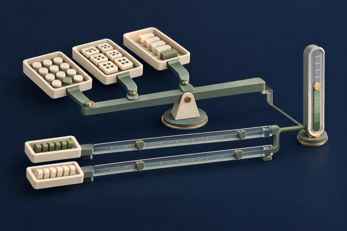 Separate ivory answer trays and sage normalization rails leading to an independent score gauge