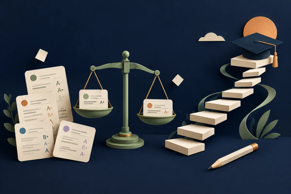 Paper grade cards arranged beside a scale and a rising path on a navy background