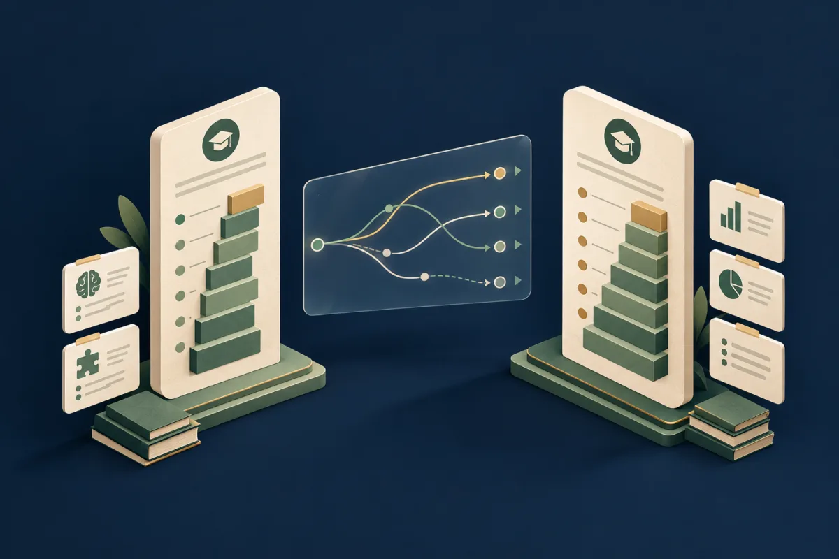 Two distinct ivory score-card towers and a translucent comparison window with multiple paths