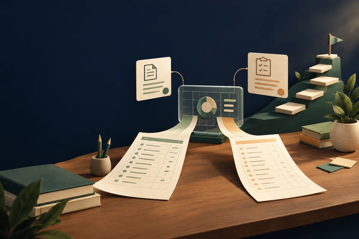 Ivory assessment and exam sheets flowing into a calculation grid beside a sage study path