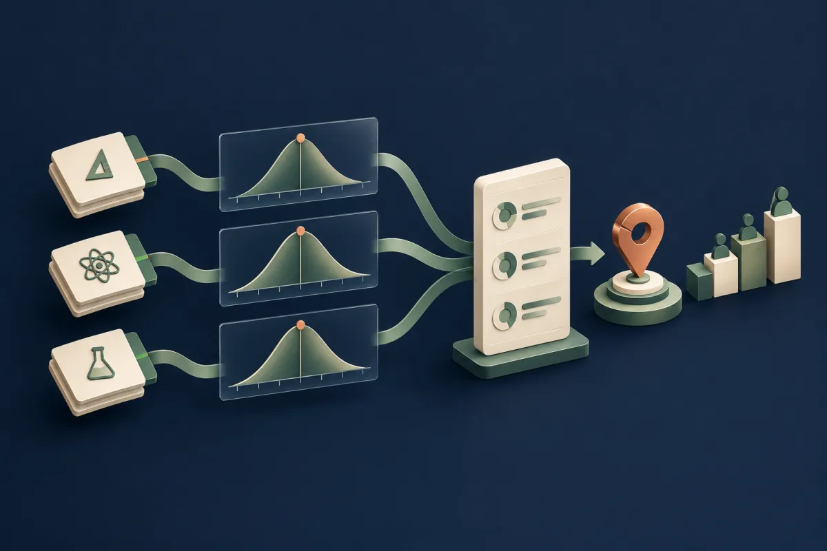 Ivory subject blocks feeding distinct transparent score distributions beside a sage score column and copper position marker