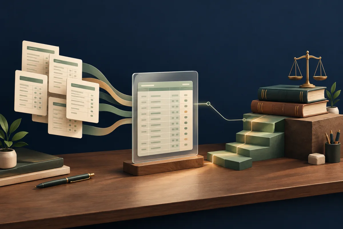 Ivory transcript cards, a credit ledger and a sage path leading toward a law study book
