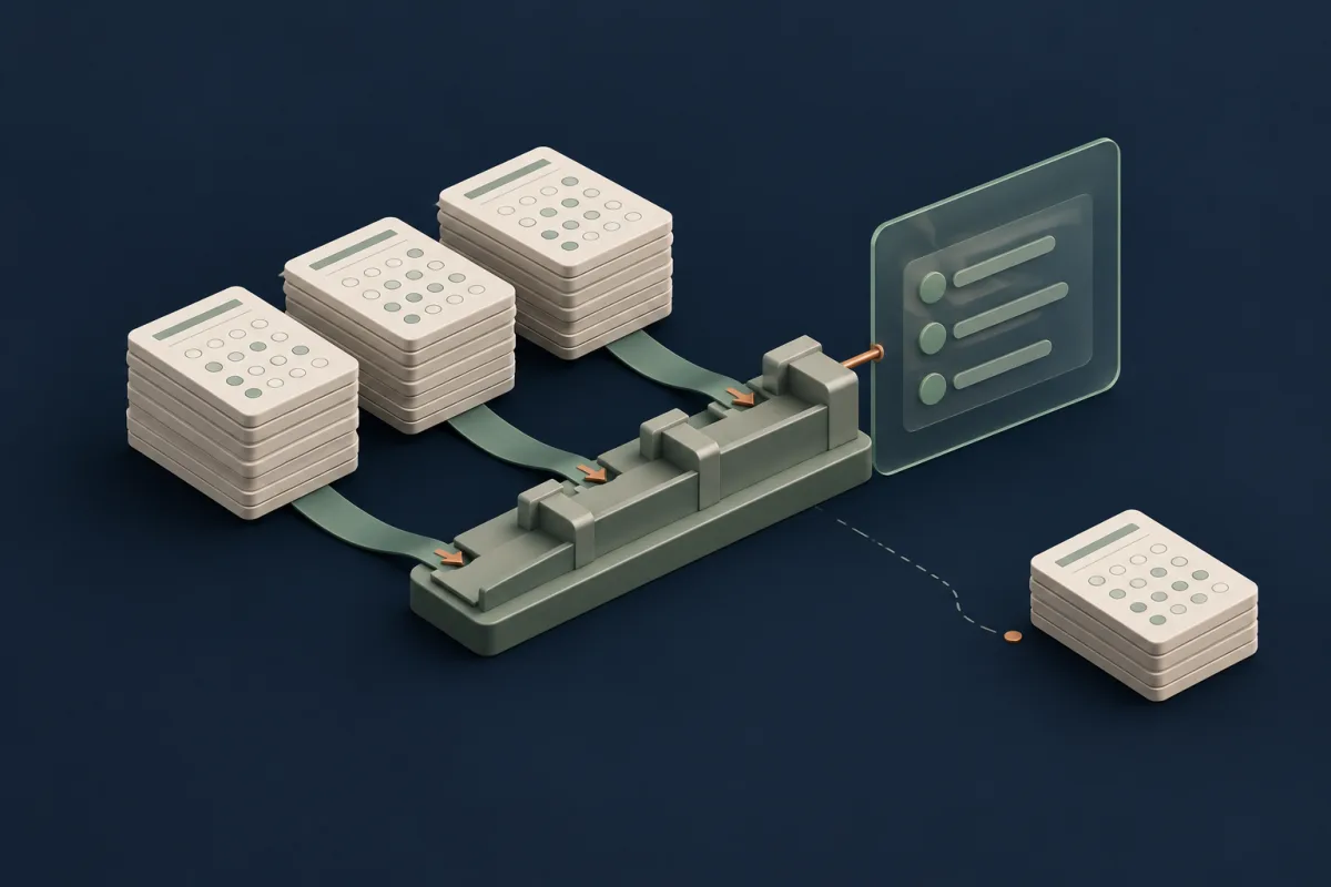 Three ivory answer-card stacks feeding a sage measuring rail, with a fourth stack outside the counted path
