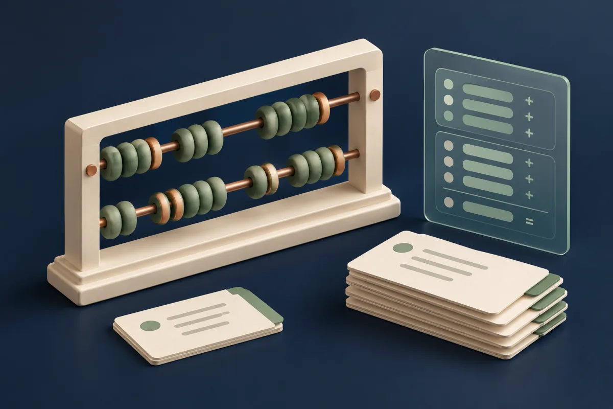 Two ivory abacus rails with sage course beads and copper bonus rings beside blank course cards